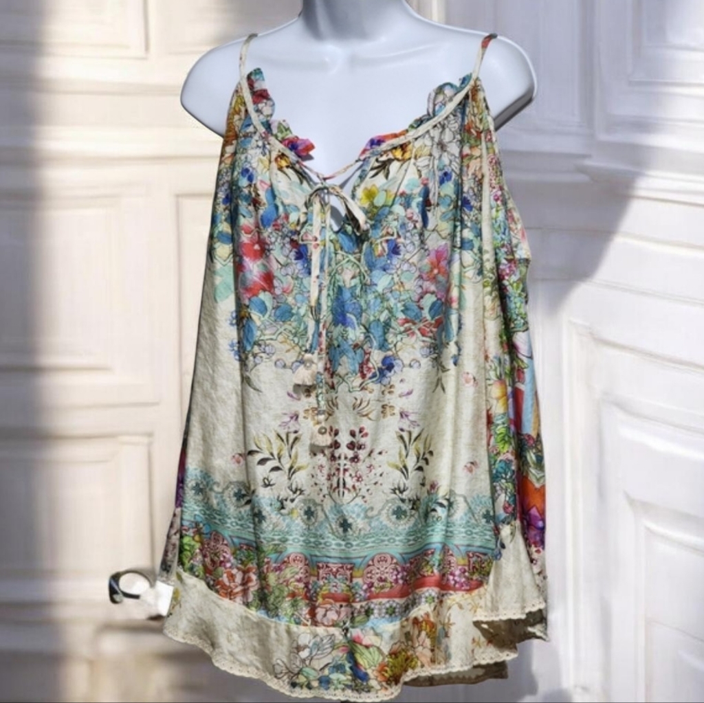 *Johnny Was Silk Floral Boho Multi-Color Cold Shoulder Top Large